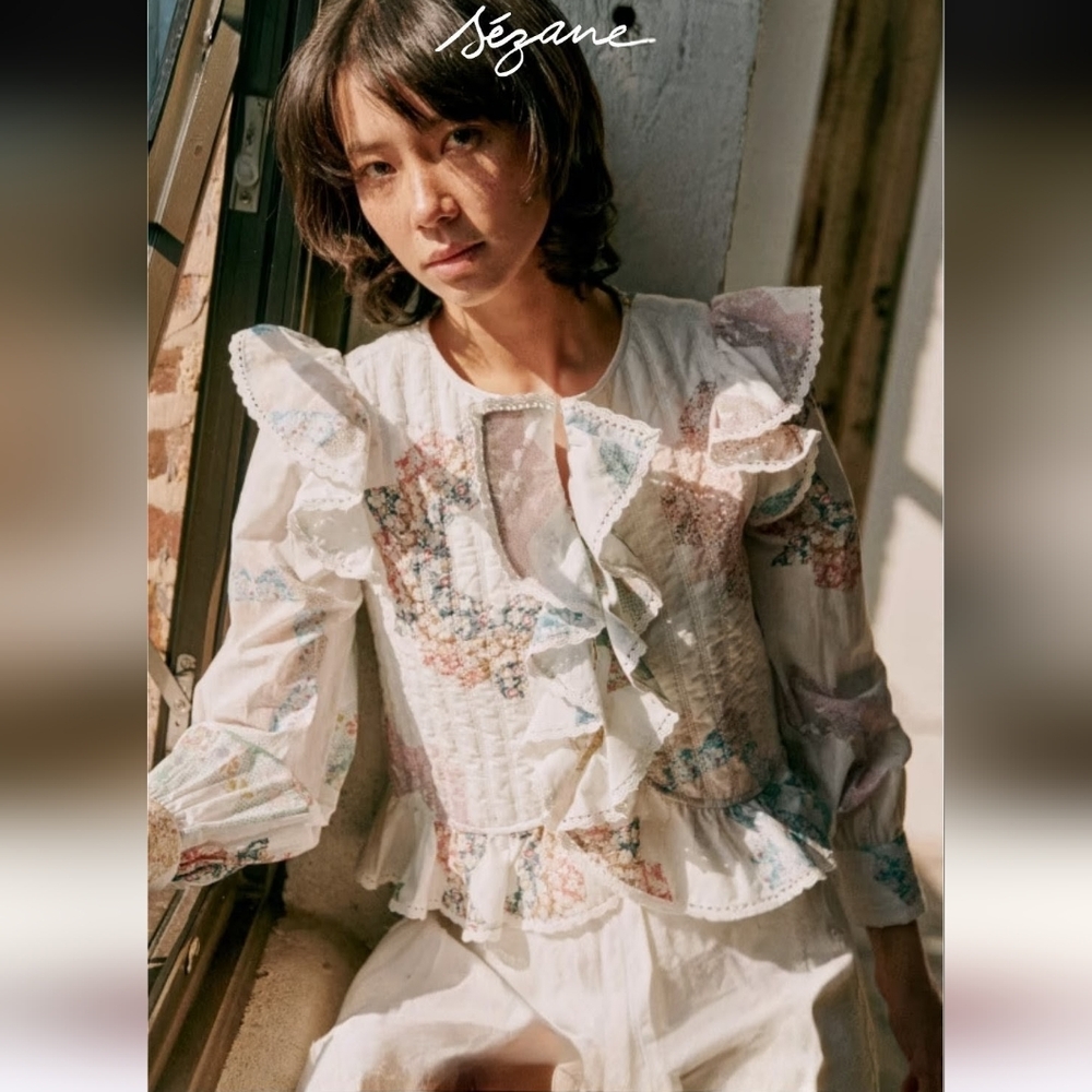 SÉZANE × SEA NY Axel Ivory Blouse Jacket Patchwork Ruffle Front NWT RARE